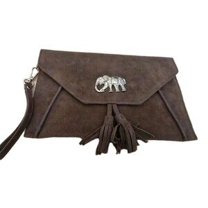 Tan Brown Suede Leather Elephant Wristlet Handbag Purse Accessory Women's Clutch
